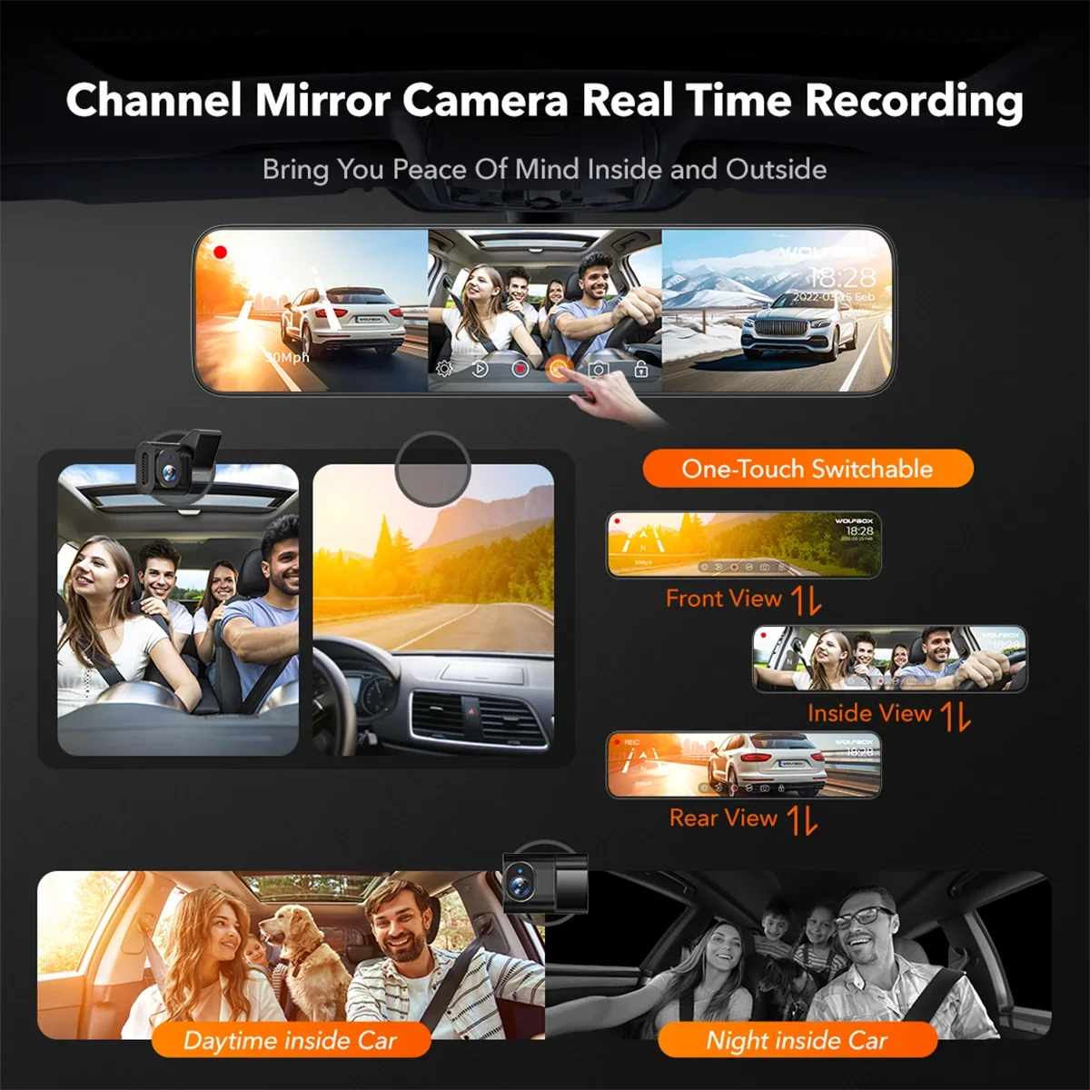 with Motion Triple with Channel, Detection, Monitor,Vehicle Camera GPS&64GB Night 2K 3 Recording, Camera Card, Cam Loop Backup Dash WOLFBOX Mirror Screen Touch Vision, Parking Car Car