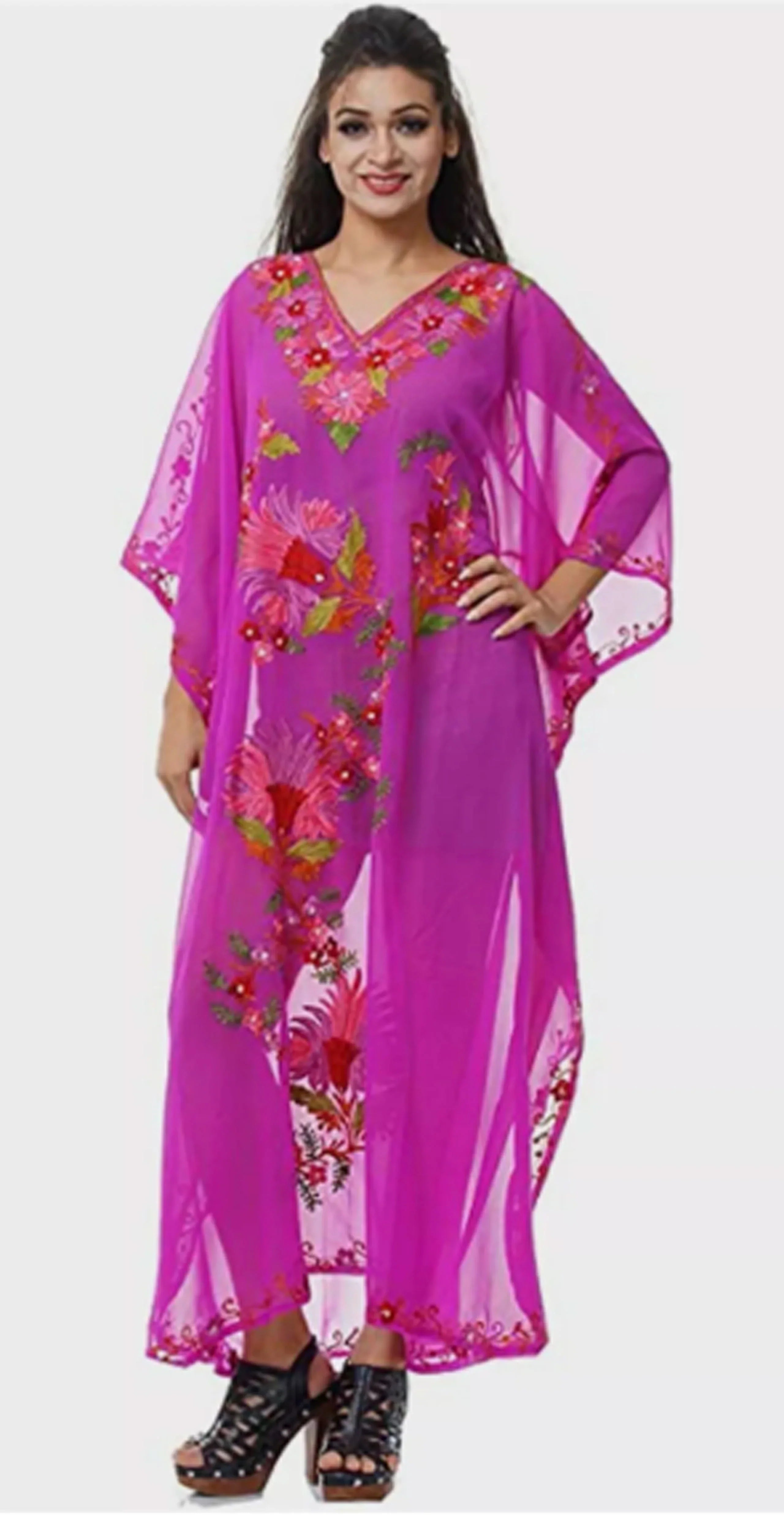 up Embroidered Caftan Bikini Hand Georgette L-51" Maxi outfit Wear Cover Magenta