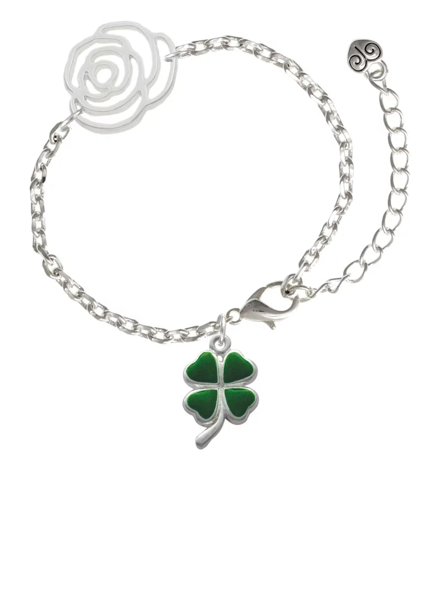 Jewelry Delight Heart Clover Silvertone Leaves Four Leaf Bracelet, Extender with Chain Link Silver-tone Flower Green 6.75"+2"