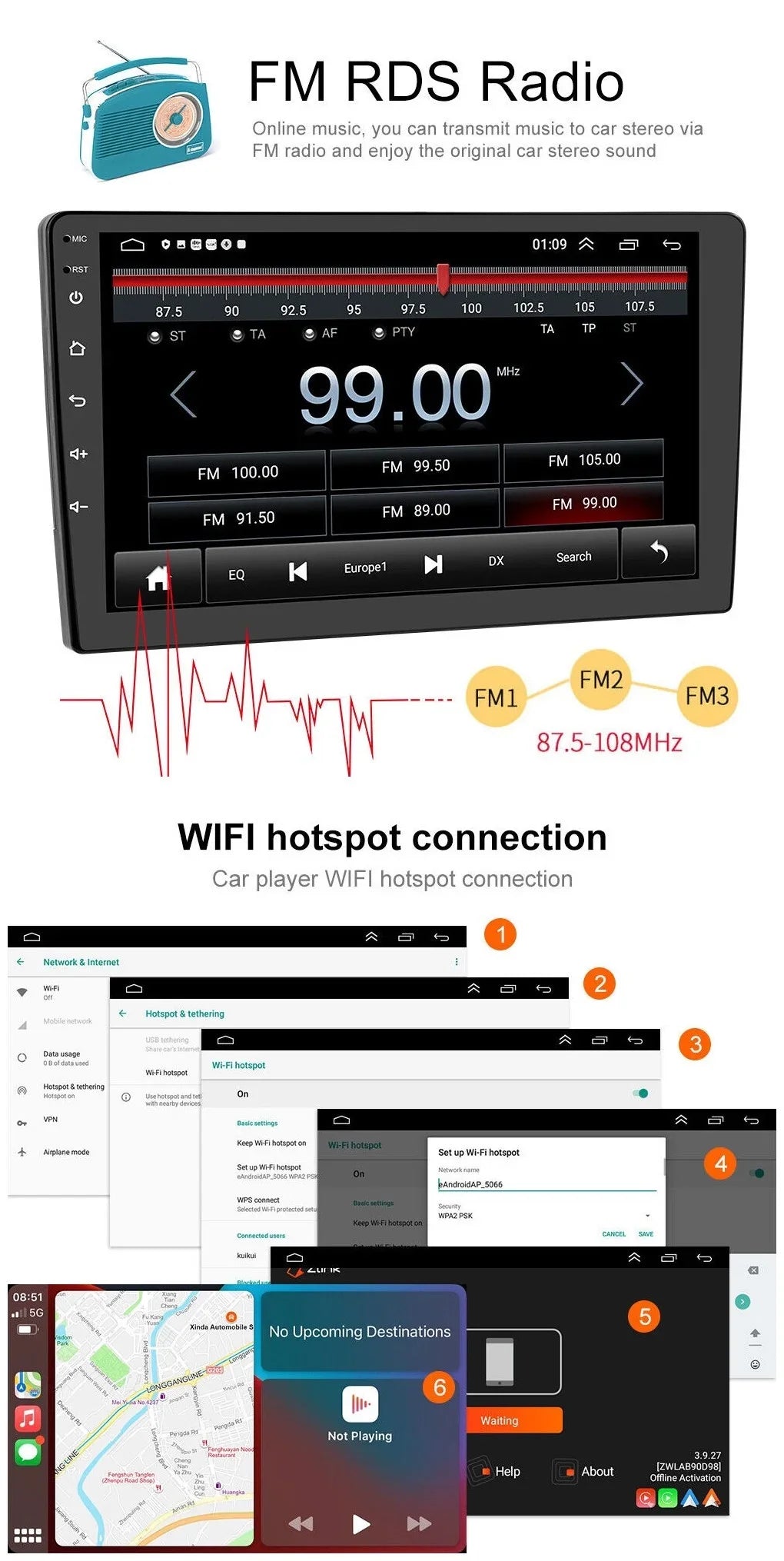 2+32GB Receiver Din Car 1280*720 10.1" WiFi Android Carplay USB Backup Android IPS AHD Stereo Bluetooth Radio Wireless Auto Navigation Double GPS Screen FM/RDS Camera