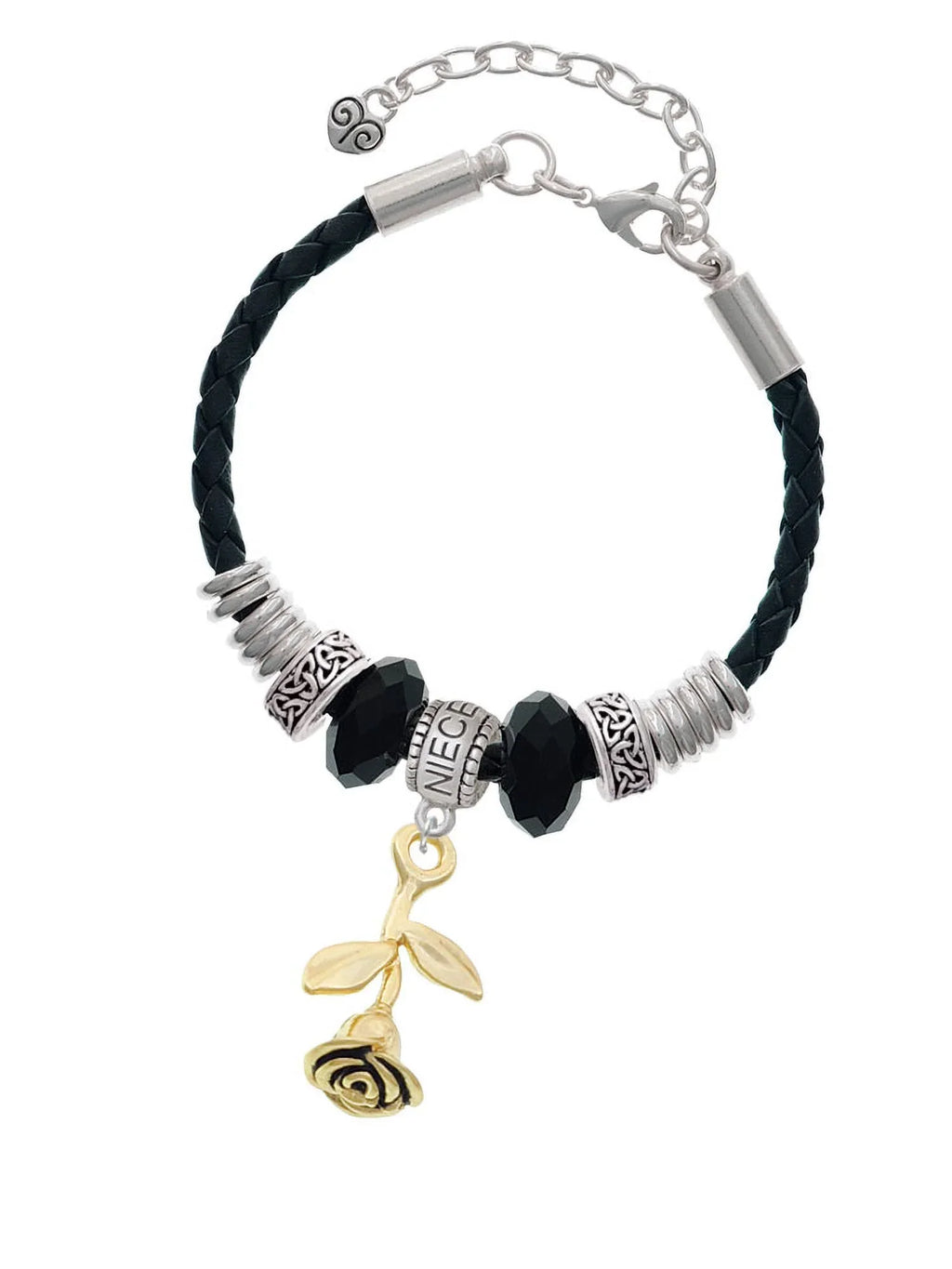 Leather Knot Celtic Delight Bead 7"+2" Jewelry Goldtone Rose Bracelet, Extender Niece Stemmed