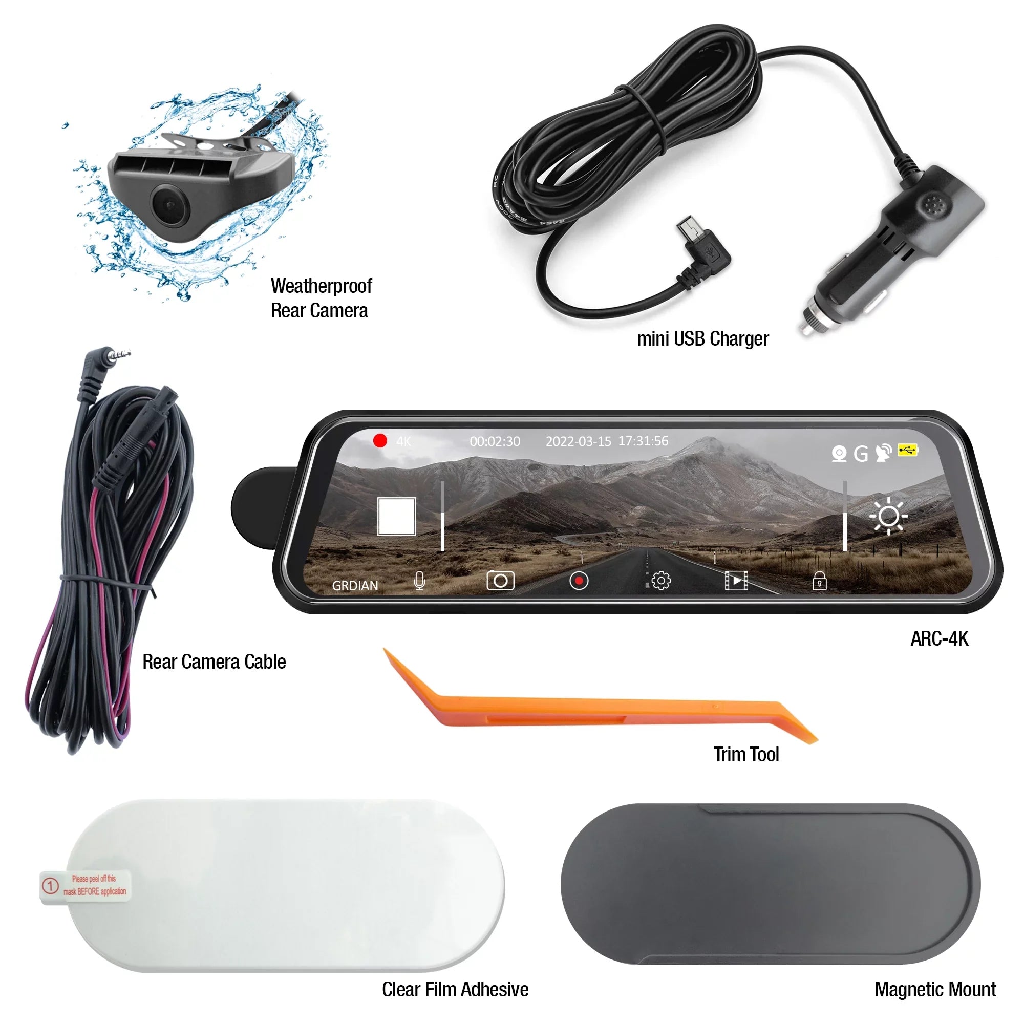 Mode, Rear, Mount GRDIAN Arc4K Rear-View Design Seamless Touchscreen, Magnetic and Camera, Front 10" Parking Mirror Dual-Channel