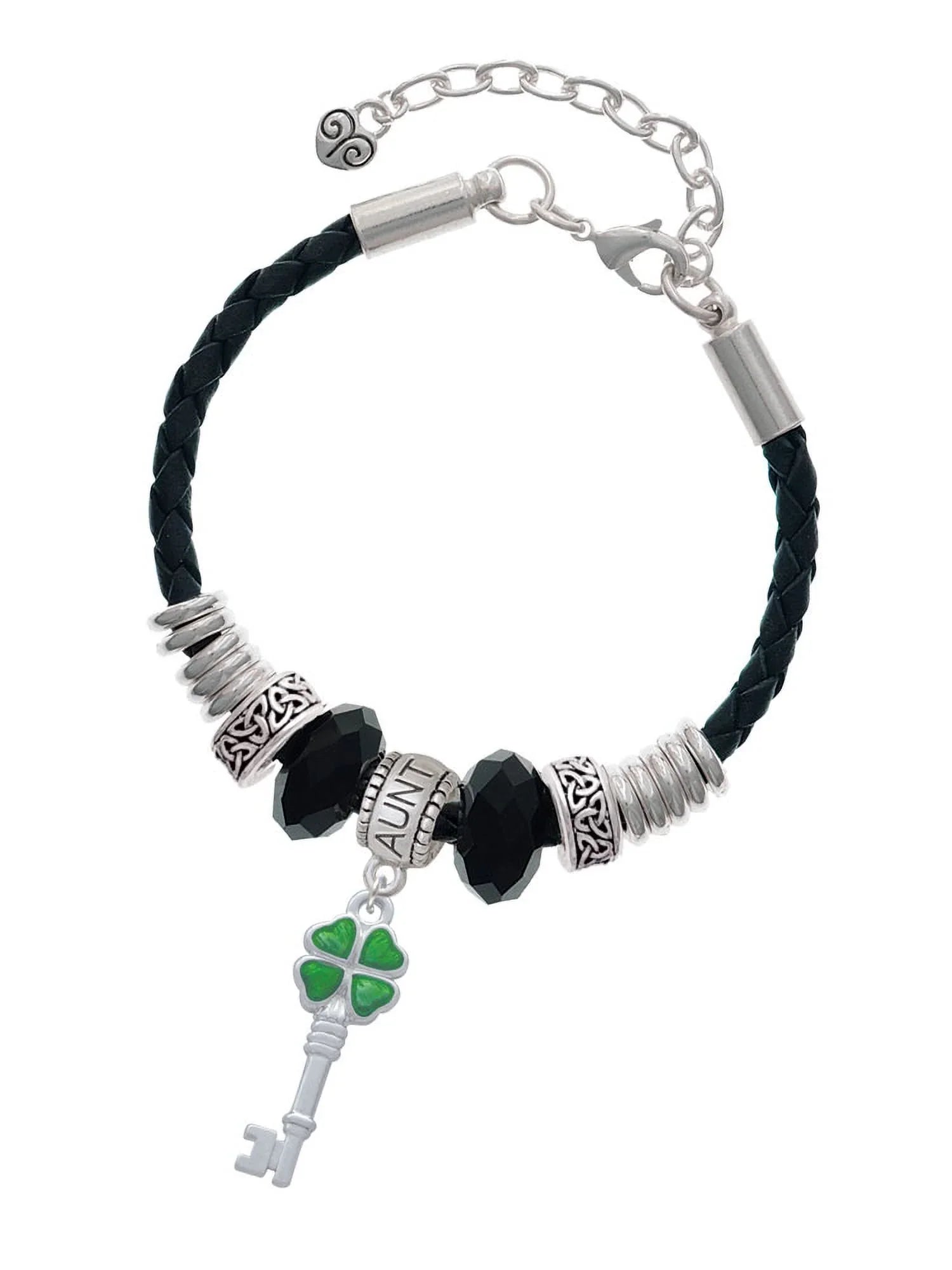Bead Clover Aunt Key Green Lucky Delight Translucent Jewelry Celtic Knot Leaf Leather Extender Silvertone Four 7"+2" Bracelet,