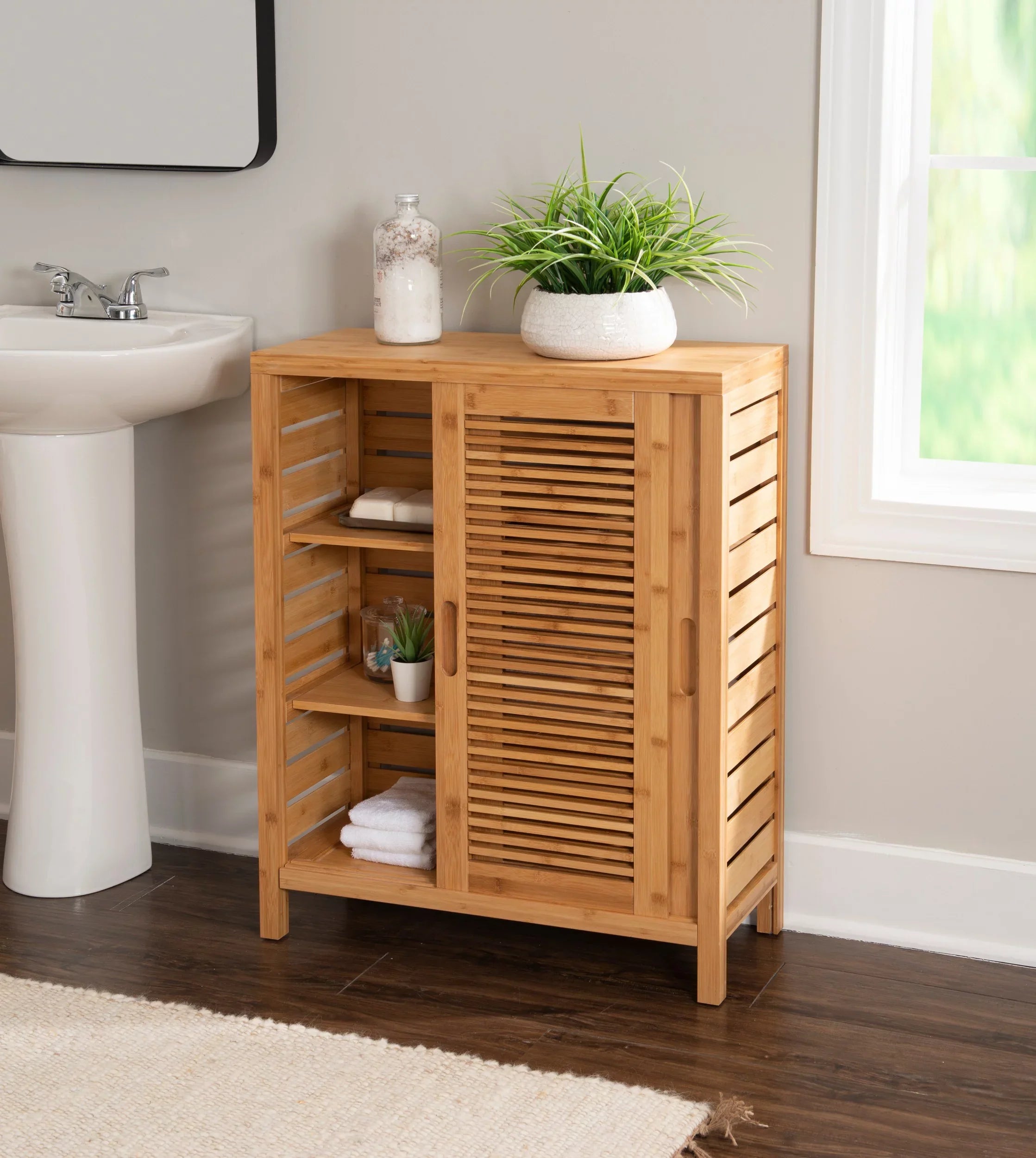 Storage Floor Bracken 3 Door Shelf Bathroom Cabinet, Bamboo Linon 2