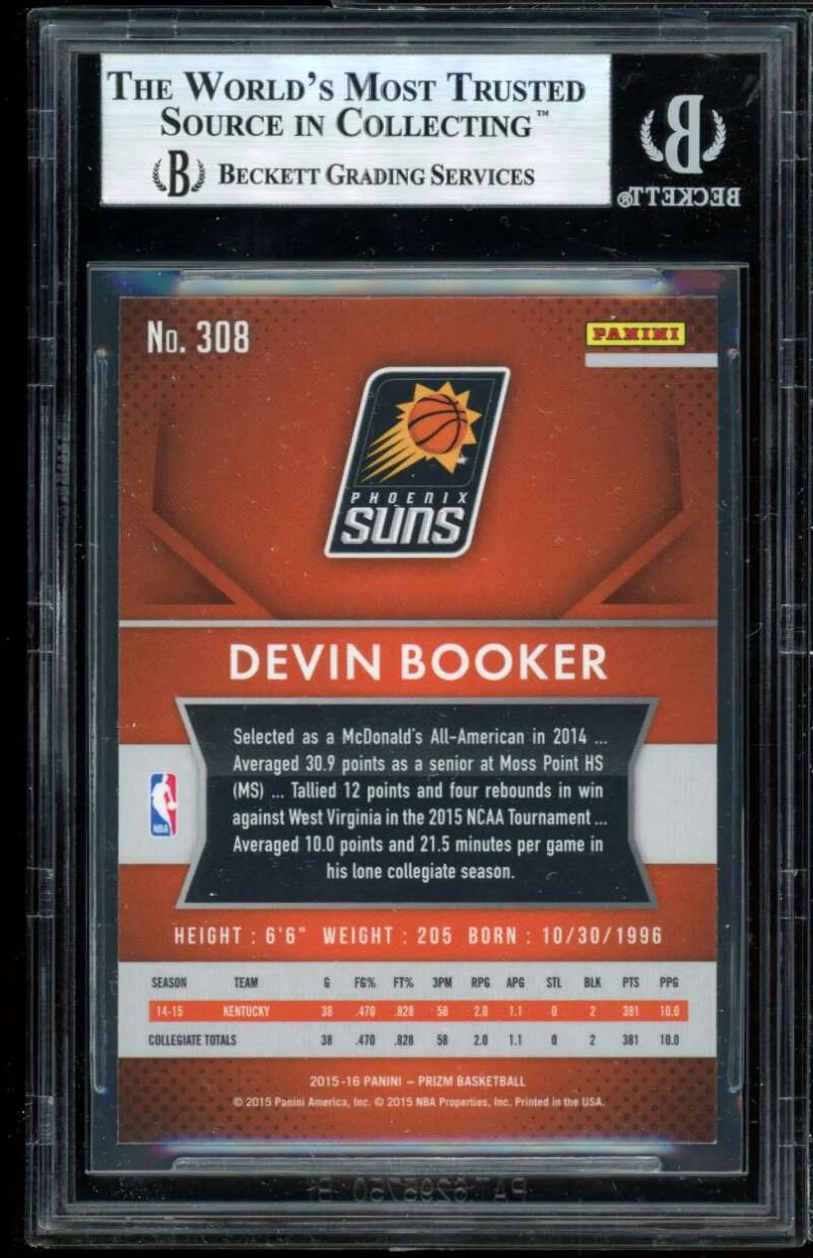 BGS Panini Devin 9 2015-16 Prizm #308 Rookie Booker Card