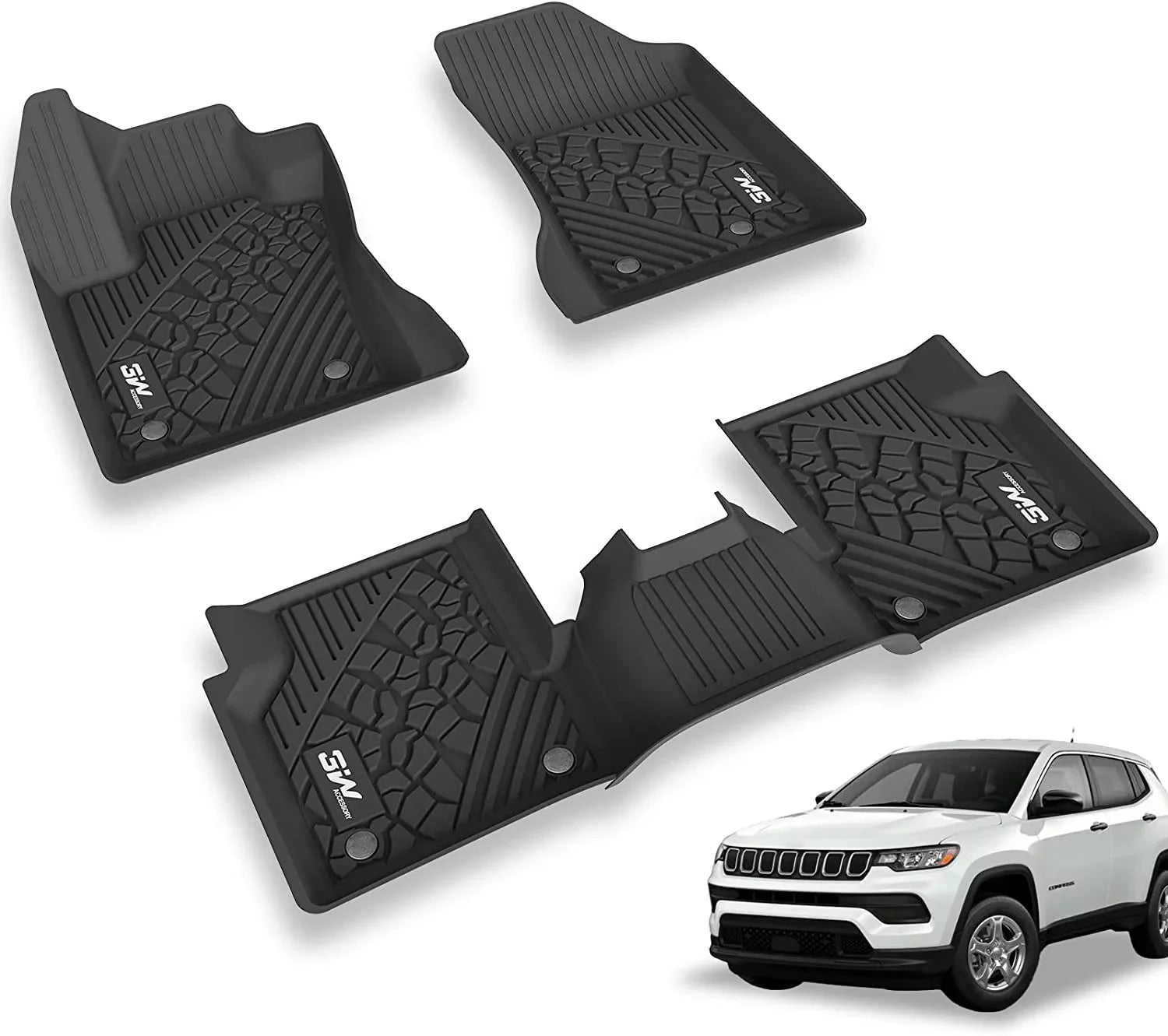 Floor Mats Black Liner 3W 2 Floor Rows Front Body seat with Jeep for 2017-2023 Set Full and Rear Odorless Only), (New design climate TPE All Compass