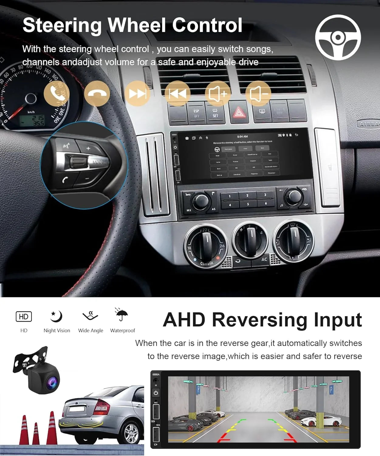 Carplay 2G+32G Car Radio Din Android Auto 6.86 GPS Dash podofo Unit Bluetooth Backup in Touch HD Wireless Stereo HiFi THONZER Camera WiFi Audio Car Screen Head Android Single inch Subwoofer with