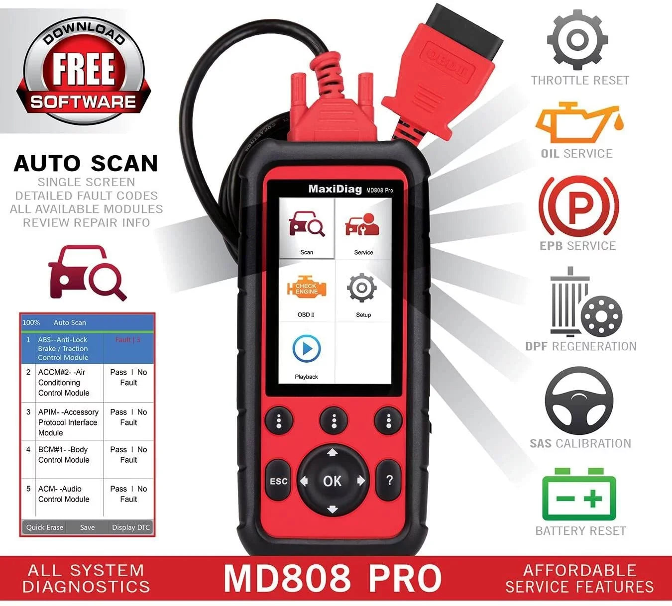 Scanner AL329 Battery Reset Extension EPB 7 Cable MD806 Reset MD802 DTC AL529 AL629 Pro AL609 MaxiDiag SAS Reader OBD2 Upgraded MD808 Code Features Read/Clear Special Oil With Autel BMS Codes Lookup