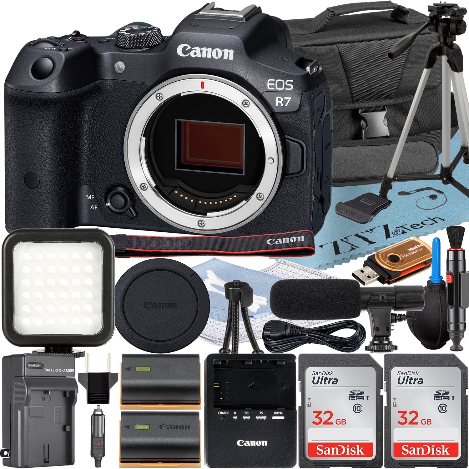 Memory Case EOS Canon Camera SanDisk Mirrorless with Accessory + 2 R7 Pack (Body) Card 32GB + ZeeTech