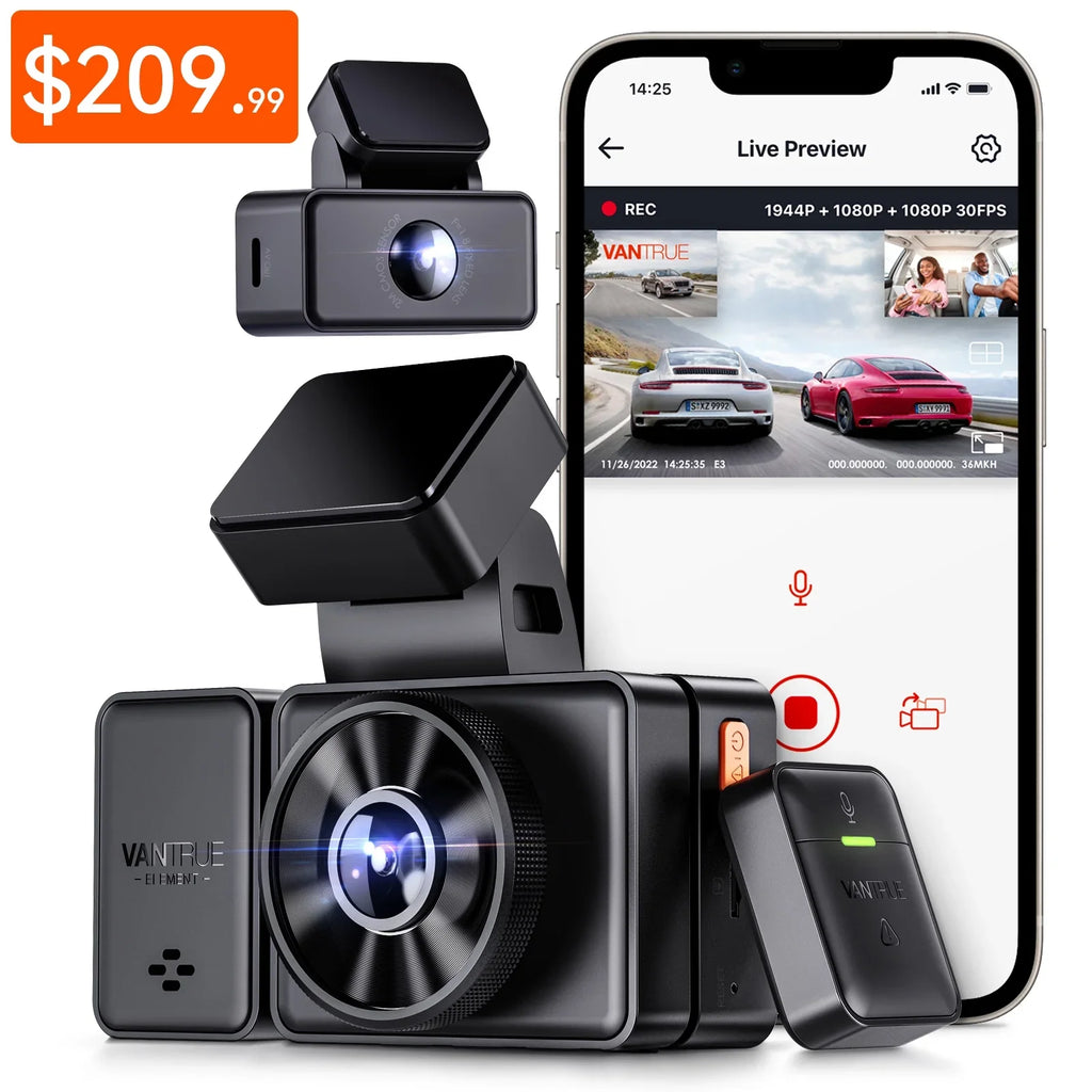 Dash Parking IR Cam 512GB Control, Night Max 24 Vantrue Camera Channel with WiFi Inside, Hours 2.5K Mode, Rear Front and STARVIS 1944P+1080P+1080P 3 GPS Triple 3 Dash Support Voice E3 Way Vision,
