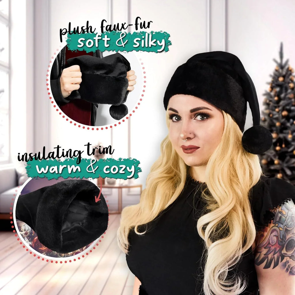 Gothic Black Faux Xmas Christmas Trim - Adult, Santa Goth - - dimension All Accessory, 1 Black Hat Hat Fur