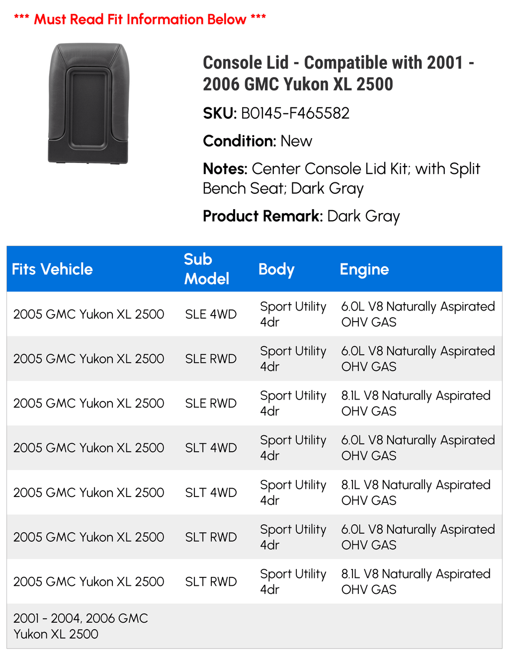 Yukon - XL Lid with 2004 2003 2005 Compatible Console 2006 2500 2001 2002 GMC -