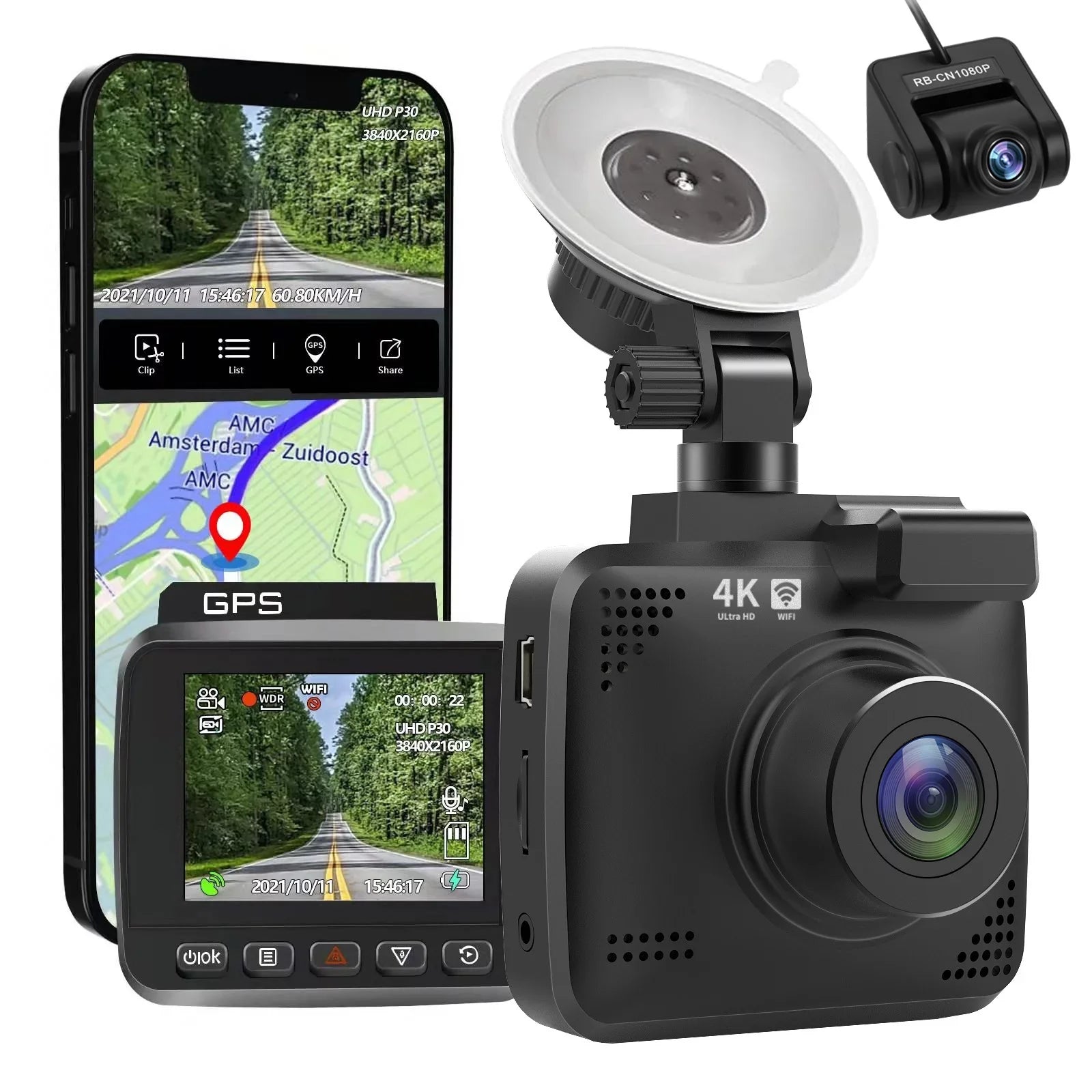 4K Parking Wide and Night Recording, Built-in for Dash & Driving Recorder Cam with Vision, 170° Monitor, Front 2160P Cars, Rear Dash G-Sensor, Camera, WDR, GPS Car WiFi Angle Cam FHD Loop with
