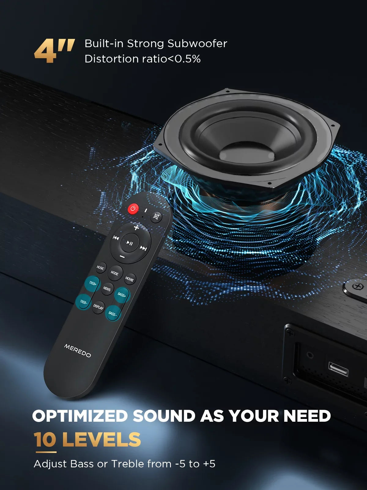 Bar Bar 150W Meredo Bass/Treble HDMI 5 Includes for Sound Built-in Cable Adjustable Subwoofer EQ Sound TV HDMI Modes 28Inch Arc/Optical/Aux/Bluetooth/USB Wooden