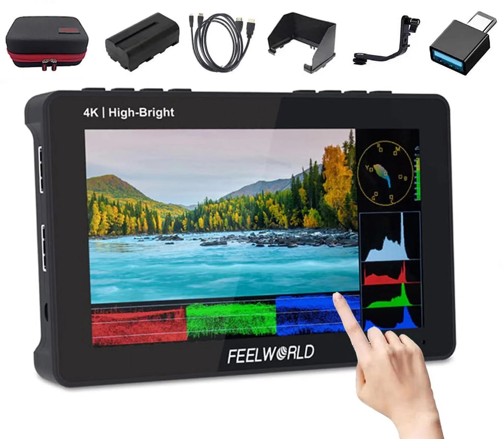 1920x1080 5.5 Inch FHD 4K 3D DSLR with External Camera +Carry Wireless Pro Power Case for F970 Field Monitor F6 LUT Touchscreen HDMI Install Kit 1600nits Transmission +Battery FEELWORLD