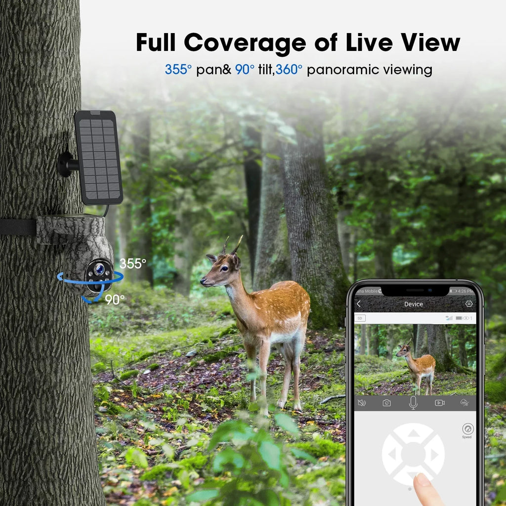2K Card Motion, View, Cloud &SD Security 360°Pan with PIR Live Trail Cam Night Storage, Waterproof, 4G LTE, Hunting WiFi No SIM Camera Wireless Solar Vision, Camera CAMPARK 90°Tilt, Cellular with Game