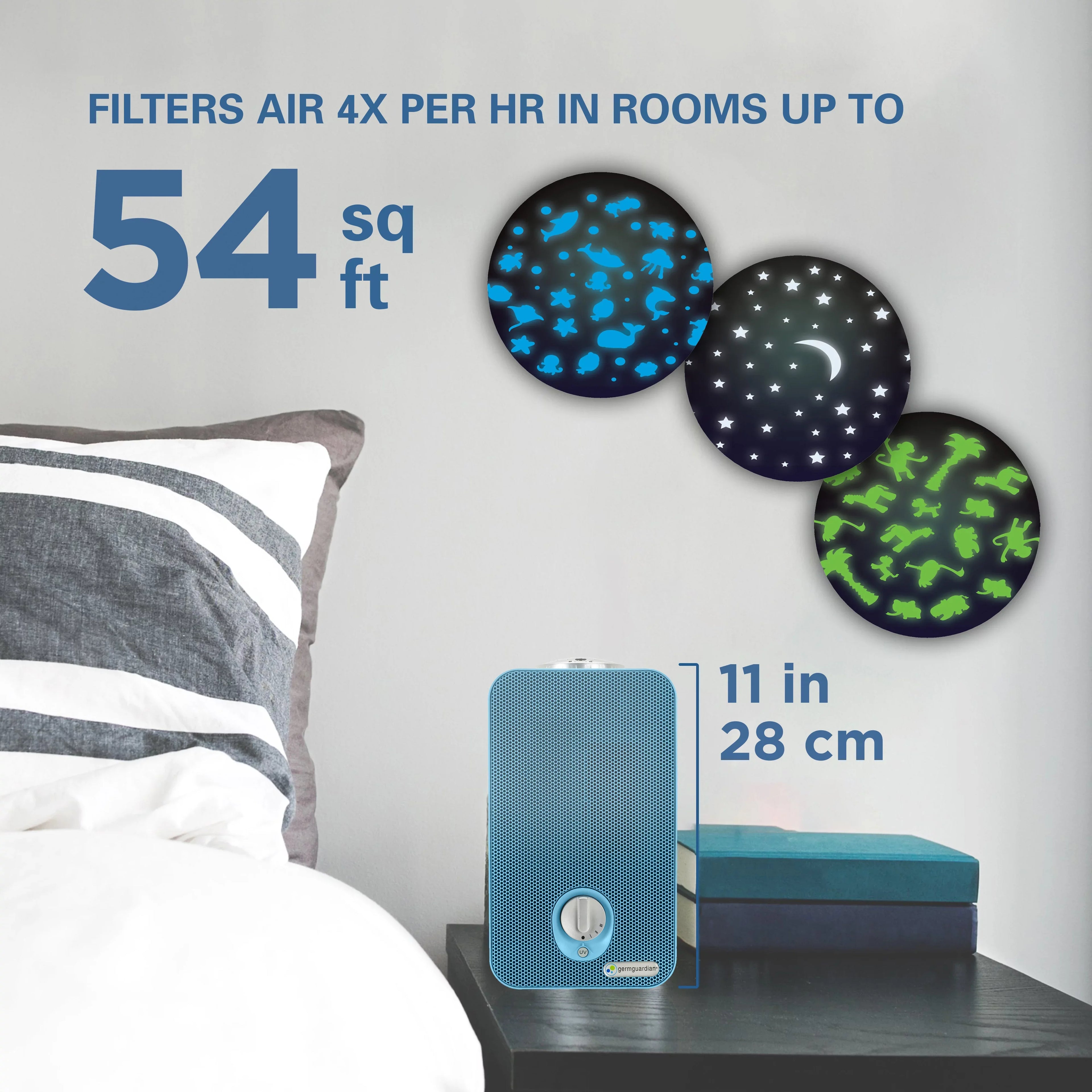Filter, Light 54 Purifier Projector, Sq. Air HEPA AC4150BLCA UV-C, Night ft., GermGuardian with