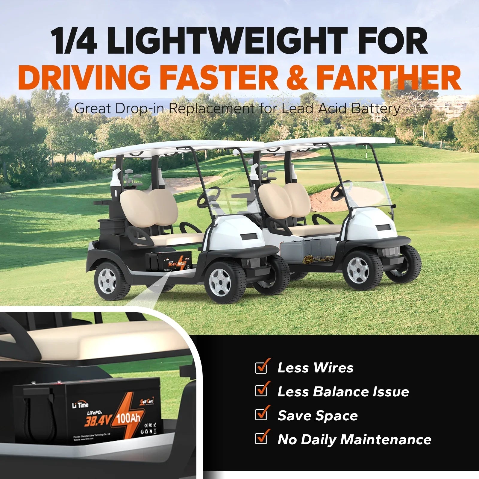 Deep Perfect 7.68kW BMS, Battery, LiFePO4 GC2 200A 100Ah 36V Lawn Trolling Mower Power Discharge, Cycle, Max. 2C 15000 for Lithium Cart, and Support LiTime Built-in Max. Golf Golf Motor, Cart RV,