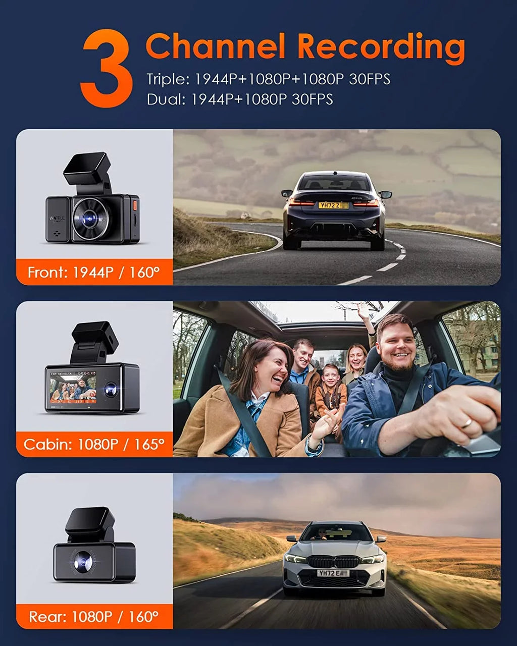 Dash Parking IR Cam 512GB Control, Night Max 24 Vantrue Camera Channel with WiFi Inside, Hours 2.5K Mode, Rear Front and STARVIS 1944P+1080P+1080P 3 GPS Triple 3 Dash Support Voice E3 Way Vision,