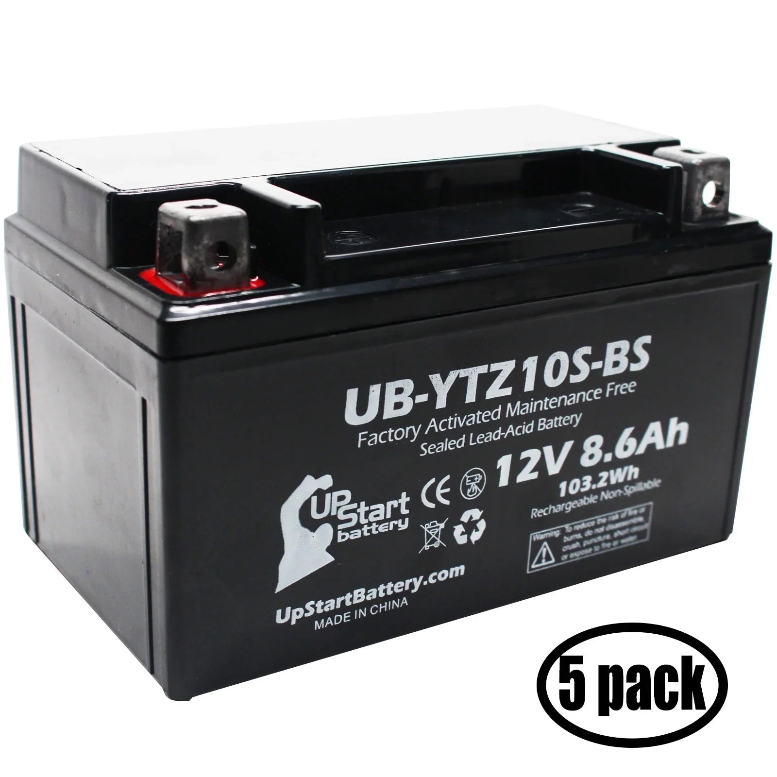 Motorcycle 12V, Yamaha 1000CC YZF-R1 8.6Ah, UpStart - 5-Pack UB-YTZ10S-BS Battery Battery Factory Replacement Free, Maintenance for Activated, 2011