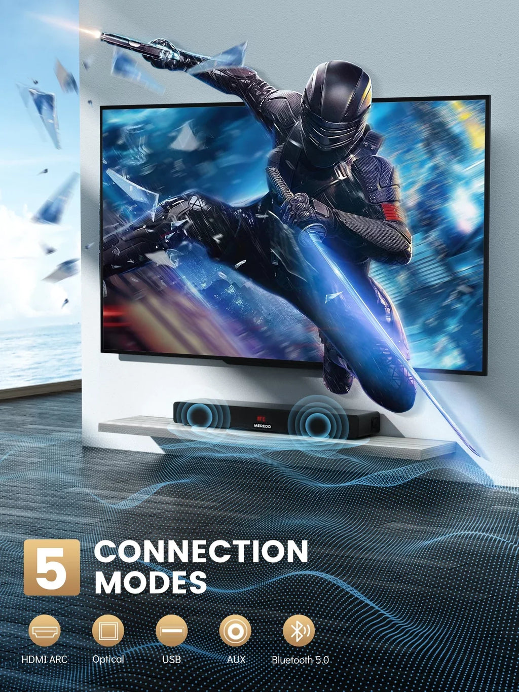 Bar Bar 150W Meredo Bass/Treble HDMI 5 Includes for Sound Built-in Cable Adjustable Subwoofer EQ Sound TV HDMI Modes 28Inch Arc/Optical/Aux/Bluetooth/USB Wooden