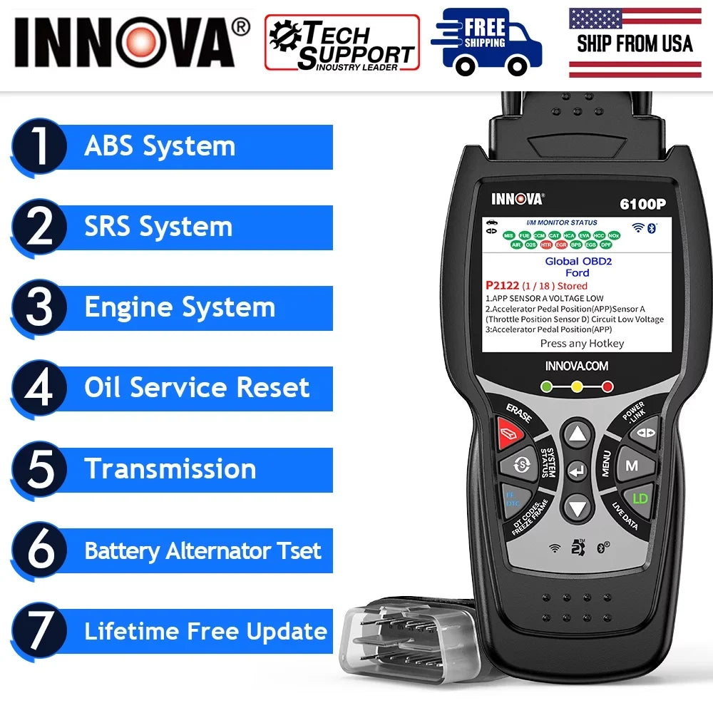 for OBDII OBD2 Reader Diagnostic Car SRS Scan Truck Automotive SUV Innova Reset Car ABS Analyzer Code Battery Automotive Light Scanner OBD2 Tool Test Scanner Scanner Hybrid Auto 6100P All Oil Engine