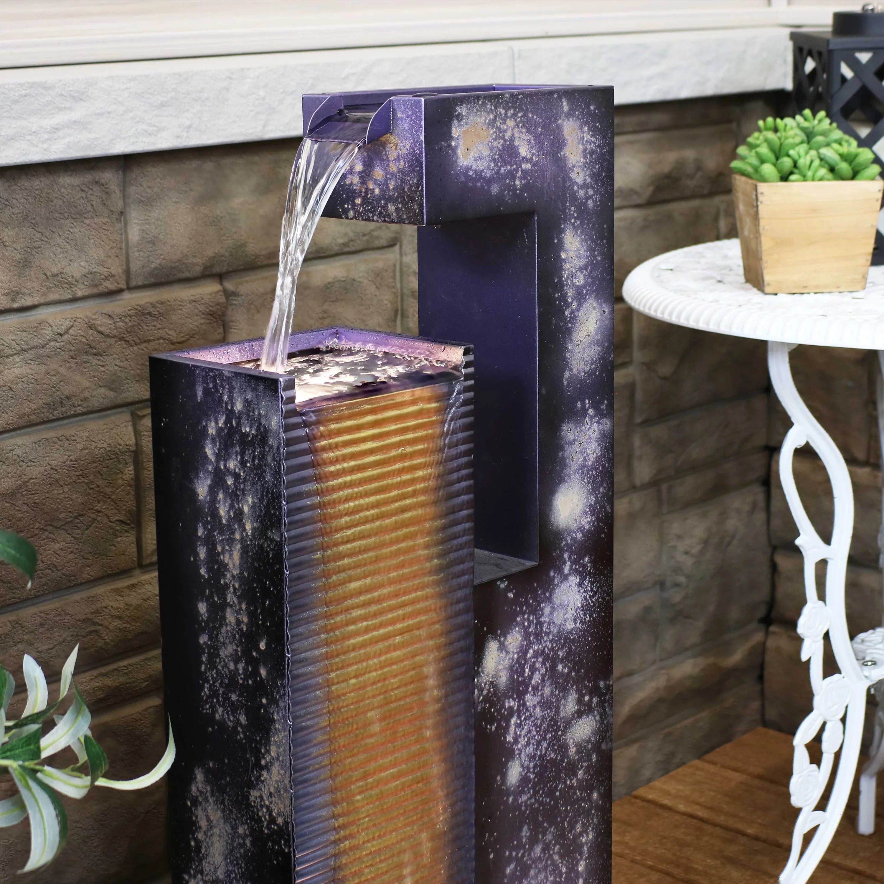 with exterior Metal Tower LED Lights Cascading - 32" Sunnydaze Fountain