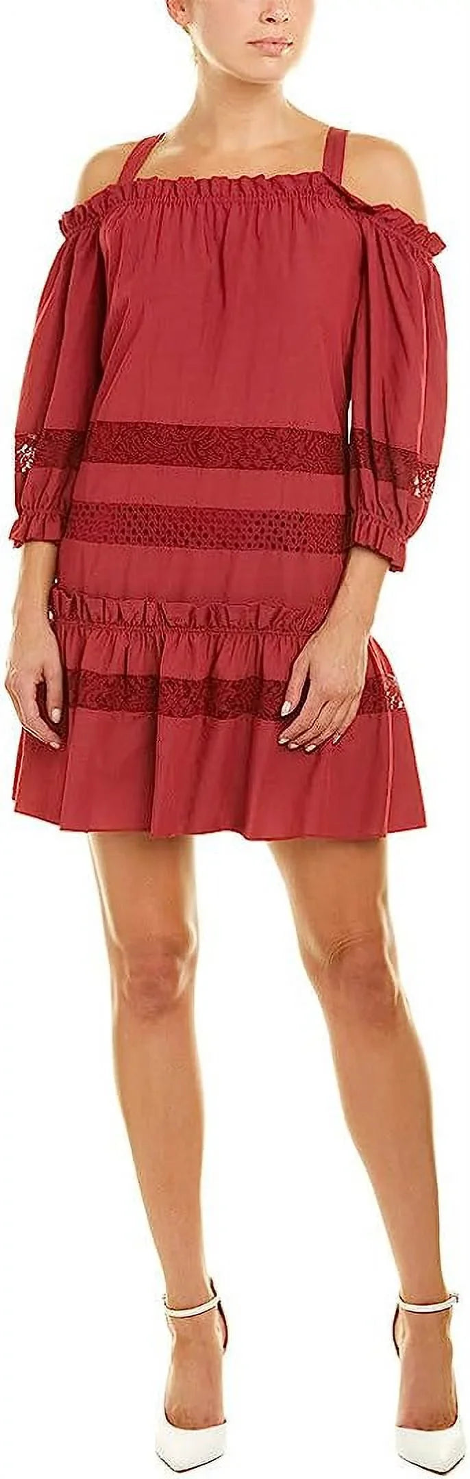 XS Cold Shoulder BCBGMax outfit, Lace TIBETAN Azria Women's Insert RED,