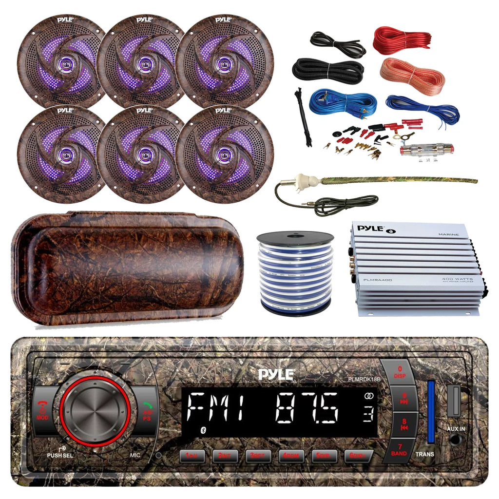 Waterproof AUX Radio, Marine Ft 6x Pyle 50 DIN Wire, 18-G Kit Amp Bluetooth Enrock USB 6.5" Antenna, AM/FM Cover, LED Speakers, 4-Channel Elite Camo MP3 Stereo Install Amplifier, Camouflage Series