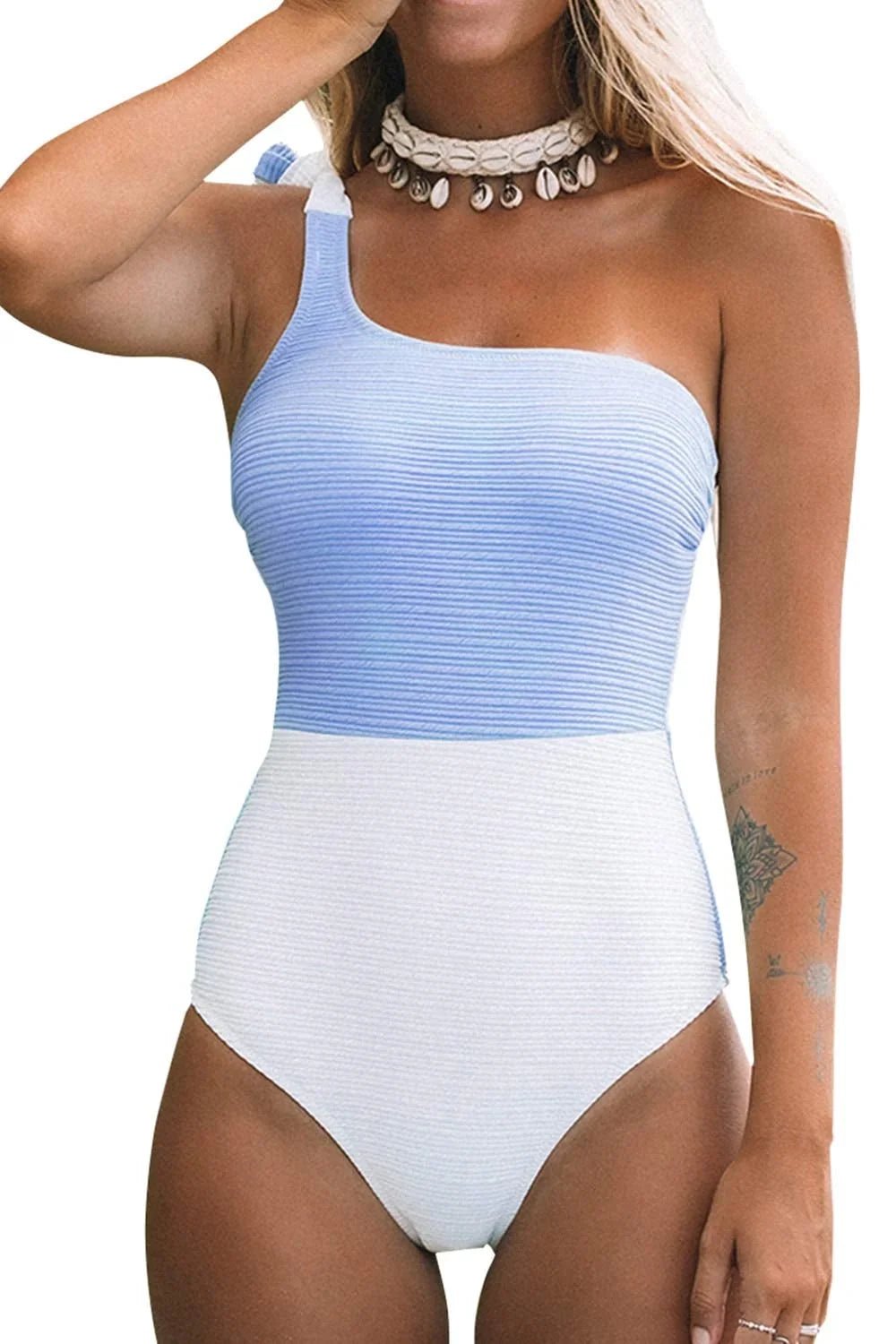 XL Cupshe Women's Bowknot One-Piece Blue Color Shoulder Block One Tie Swimsuit,