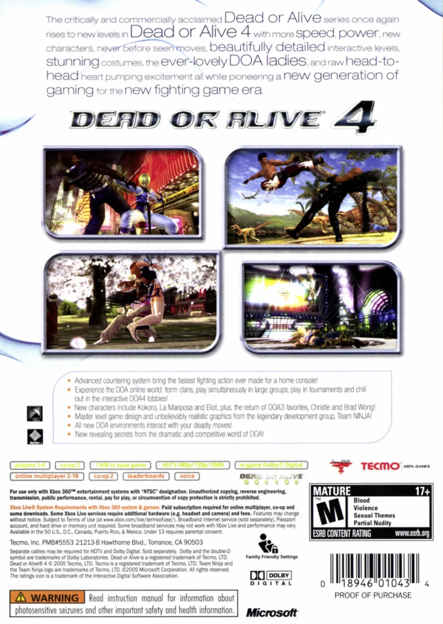 Tecmo 360) or (Xbox Alive Dead 4 Koei
