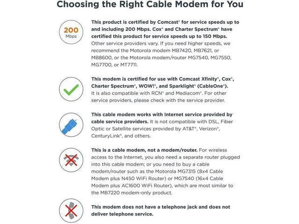 Certified Time Mbps Modem, Cable, by 343 Warner More Cable Comcast 3.0, and DOCSIS MB7220, XFINITY, Model Cox, (No Wireless) BrightHouse, 8x4