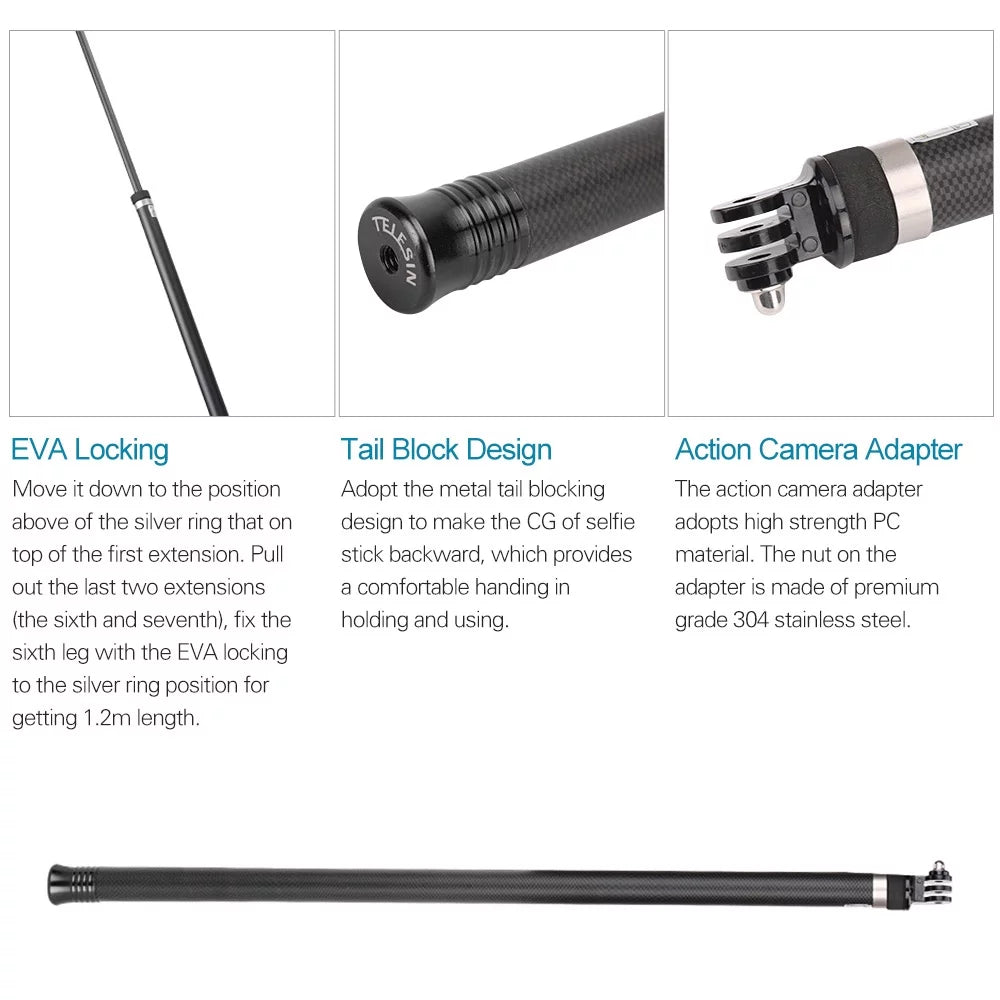 for Hero Stick Black(2018) GoPro 2.7M/106 Lightweight Replacement Inch 10/9/8/7/6/Hero for C Pole Ultra Long Fiber R Selfie Extendable OSMO Handheld 5 Replacement Carbon One Action Monopod