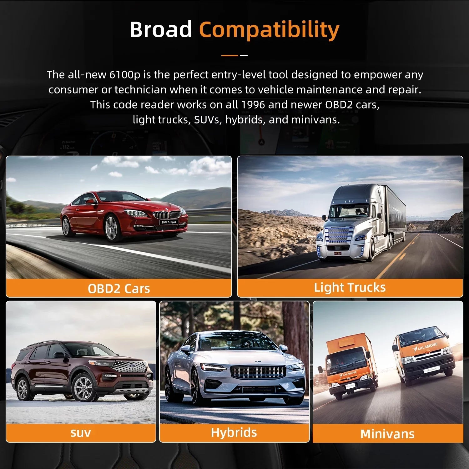 for OBDII OBD2 Reader Diagnostic Car SRS Scan Truck Automotive SUV Innova Reset Car ABS Analyzer Code Battery Automotive Light Scanner OBD2 Tool Test Scanner Scanner Hybrid Auto 6100P All Oil Engine