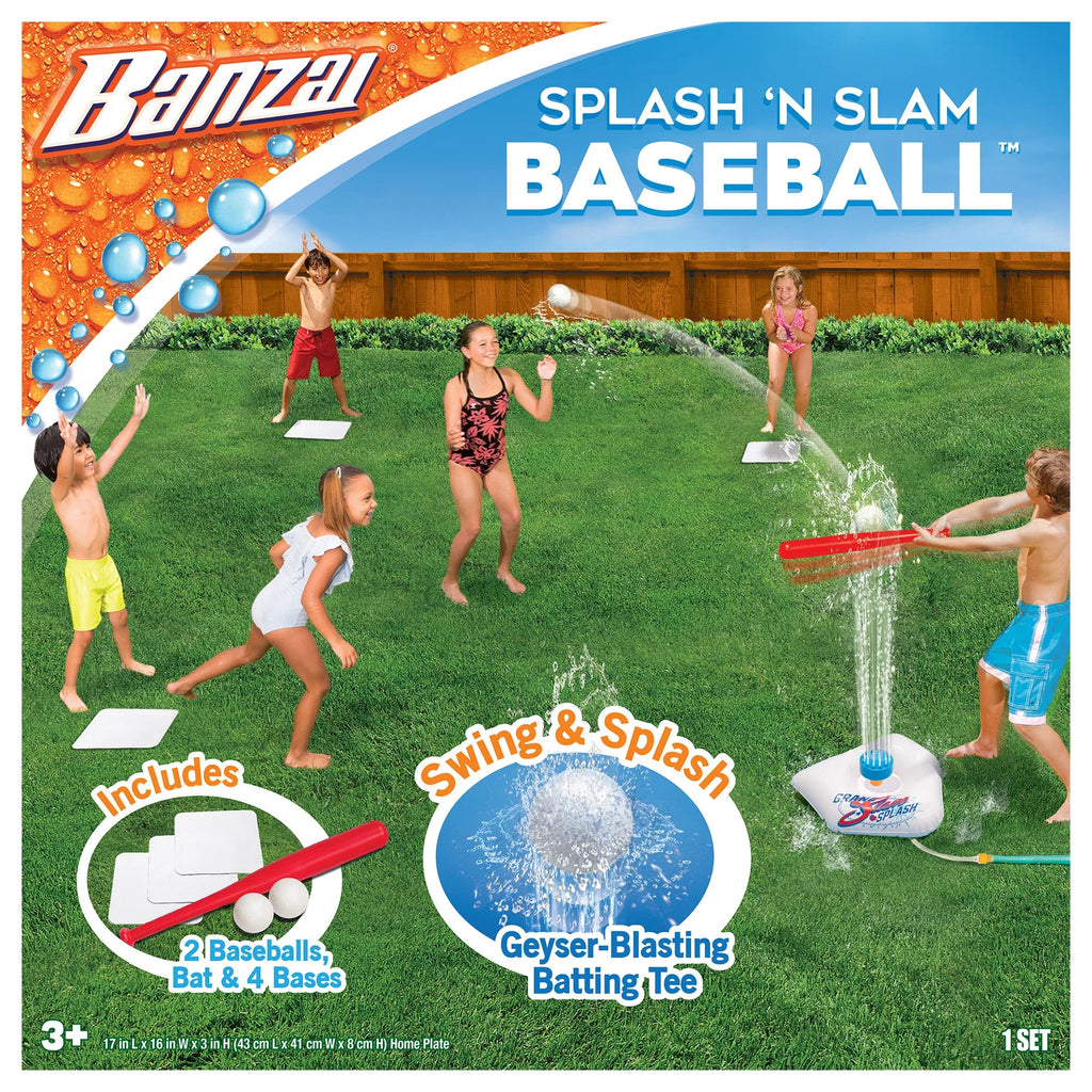 Plate Home Kids 2 Backyard Includes Ages , Tee Bat Sprinkler & - Practice, + Plastic Balls Splash Baseball Game - Slam & Sports & Banzai Plastic + liquid Batting 3 Bases,