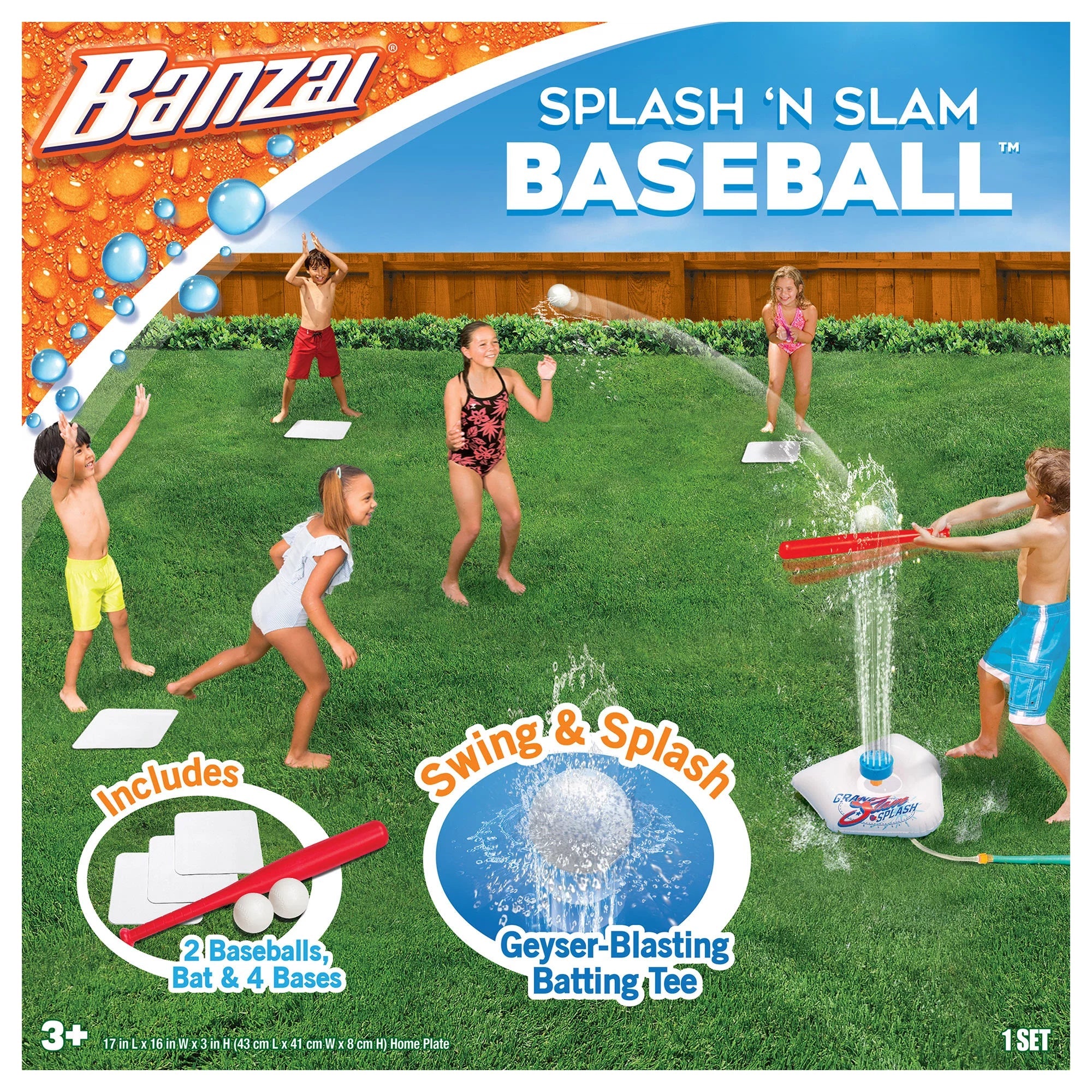 Plate Home Kids 2 Backyard Includes Ages , Tee Bat Sprinkler & - Practice, + Plastic Balls Splash Baseball Game - Slam & Sports & Banzai Plastic + liquid Batting 3 Bases,