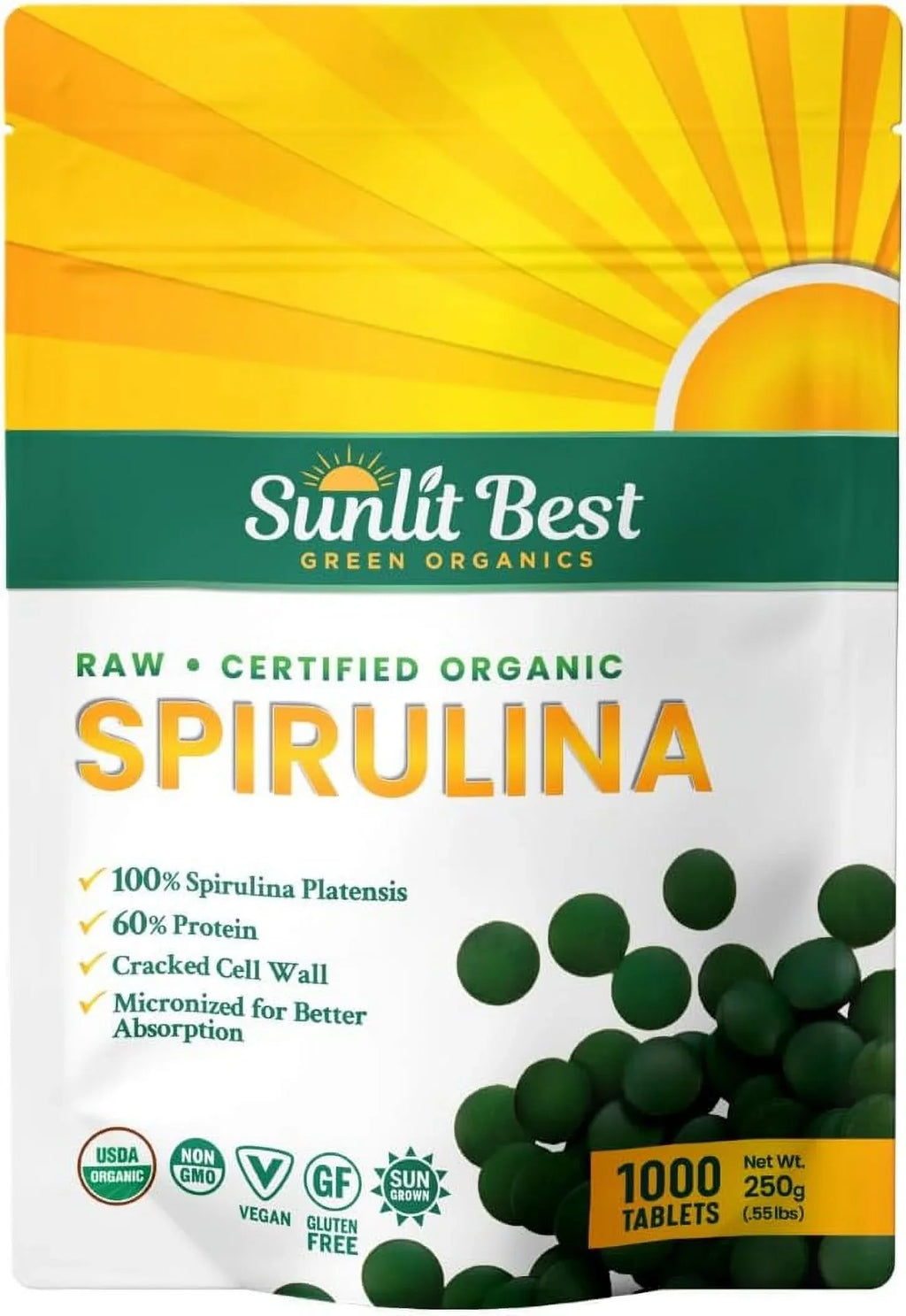 Vegan Sunlit Best Support, - USDA Protein Spirulina Supplements Organic Super High Health & - Tablet Superfood Chlorophyll, Energy Natural Greens for Immune Non 1000 with GMO, Tab Gut & Tablets Drink