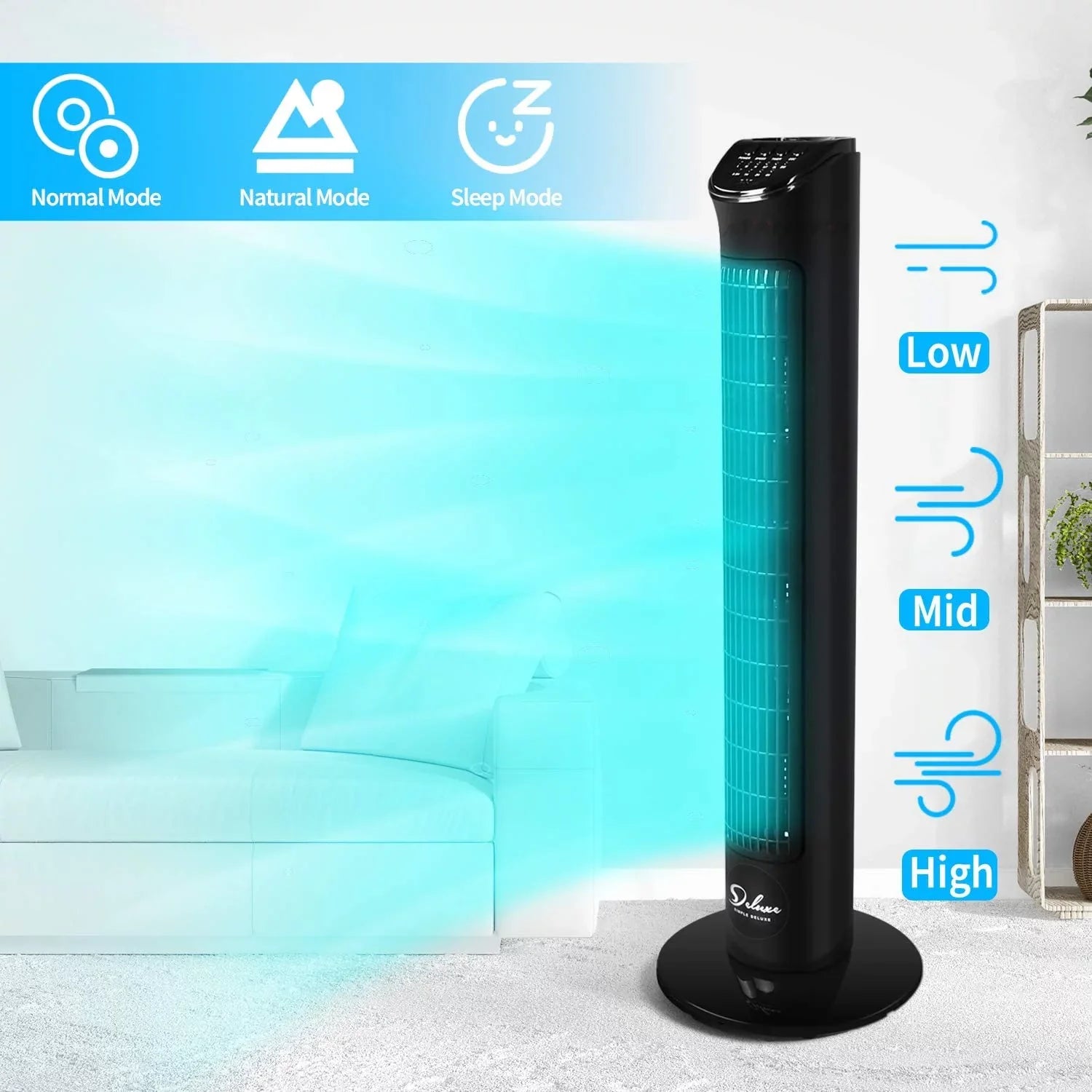Remote, Fan Deluxe with Fan, Floor Standing 90° Fan 4 Simple Oscillating 32"Tower Fans, Speeds, Bladeless with Black