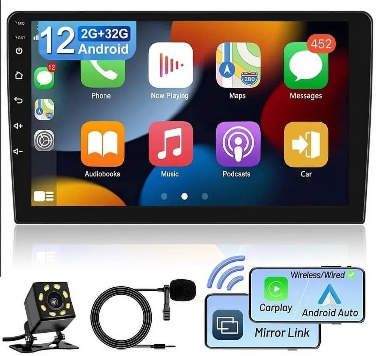 2+32GB Receiver Din Car 1280*720 10.1" WiFi Android Carplay USB Backup Android IPS AHD Stereo Bluetooth Radio Wireless Auto Navigation Double GPS Screen FM/RDS Camera