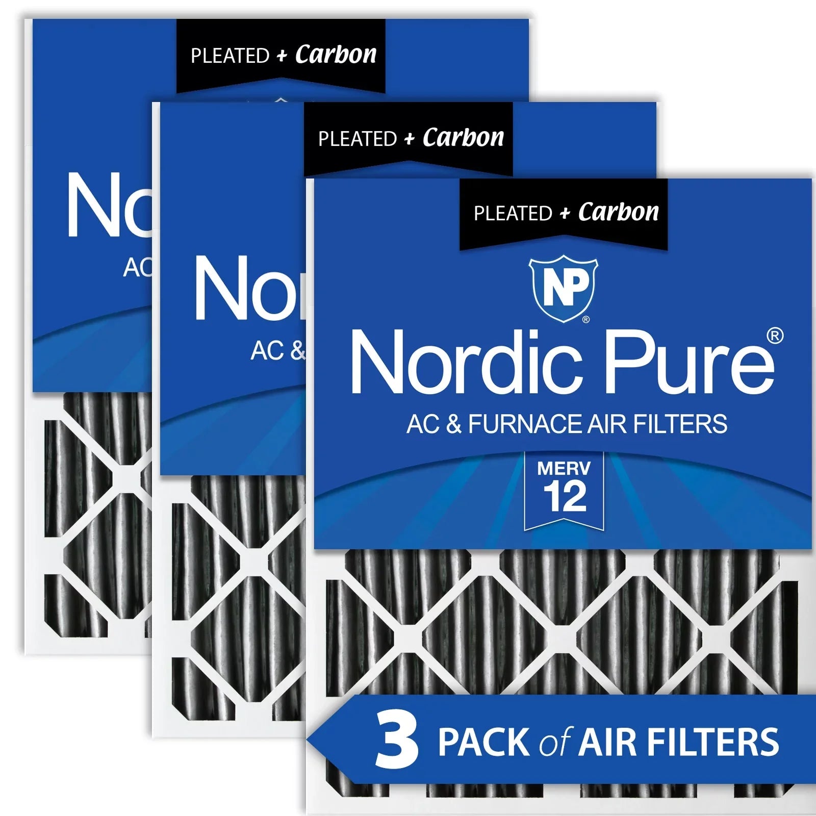 3 MERV 20x20x2 Pleated Nordic Pure Plus Air Furnace Pack Filters Carbon 12