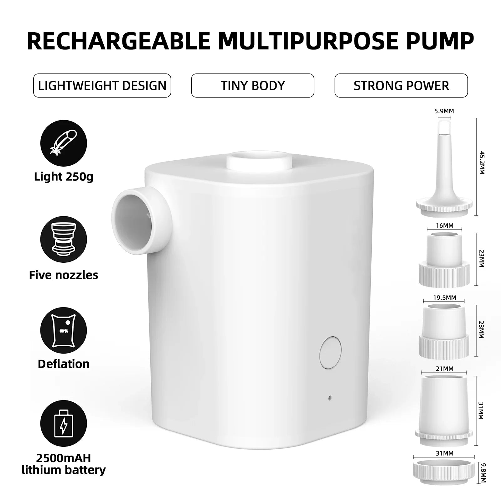 Quick Air Nozzles Battery Inflator Inflatables for Air Pumps Bed Deflator Ring 5 Pump Electric with Air Pump Swimming 2500mAh Pool Mattress Toy Air USB with