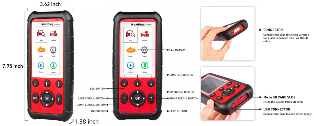 Scanner AL329 Battery Reset Extension EPB 7 Cable MD806 Reset MD802 DTC AL529 AL629 Pro AL609 MaxiDiag SAS Reader OBD2 Upgraded MD808 Code Features Read/Clear Special Oil With Autel BMS Codes Lookup