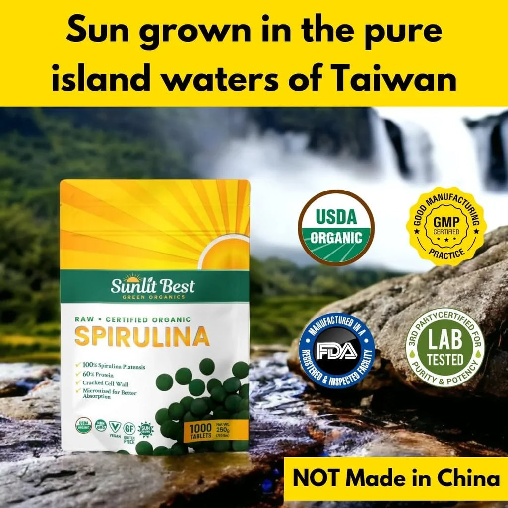 Vegan Sunlit Best Support, - USDA Protein Spirulina Supplements Organic Super High Health & - Tablet Superfood Chlorophyll, Energy Natural Greens for Immune Non 1000 with GMO, Tab Gut & Tablets Drink