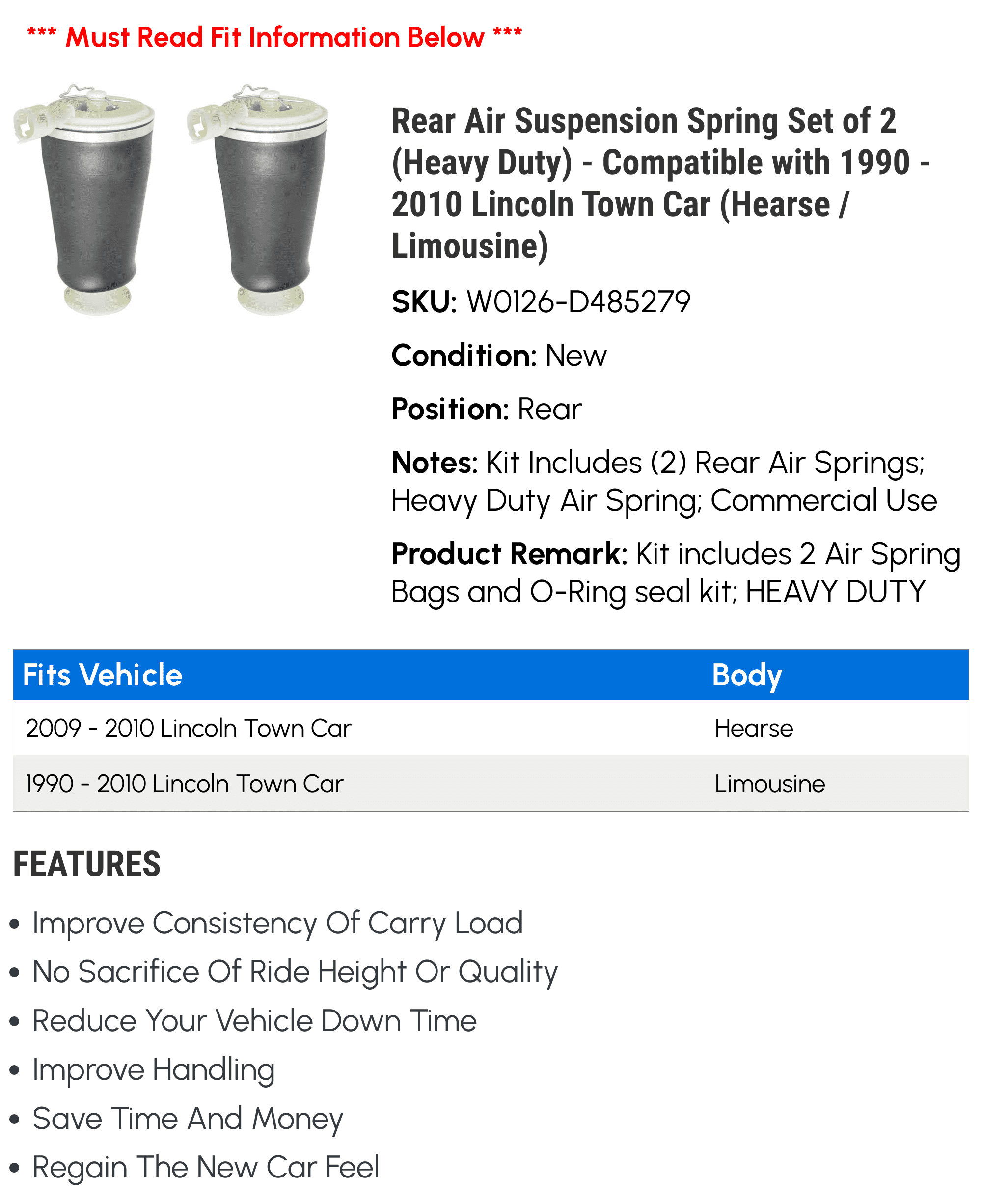 2002 1994 Town (Heavy Compatible (Hearse 2007 / 1999 - Spring 2008 Air Suspension 2010 2003 2001 - 2 Set 2006 Car 1990 Rear 1998 of 1997 1995 1996 Lincoln Duty) 2004 with Limousine) 2005 2000